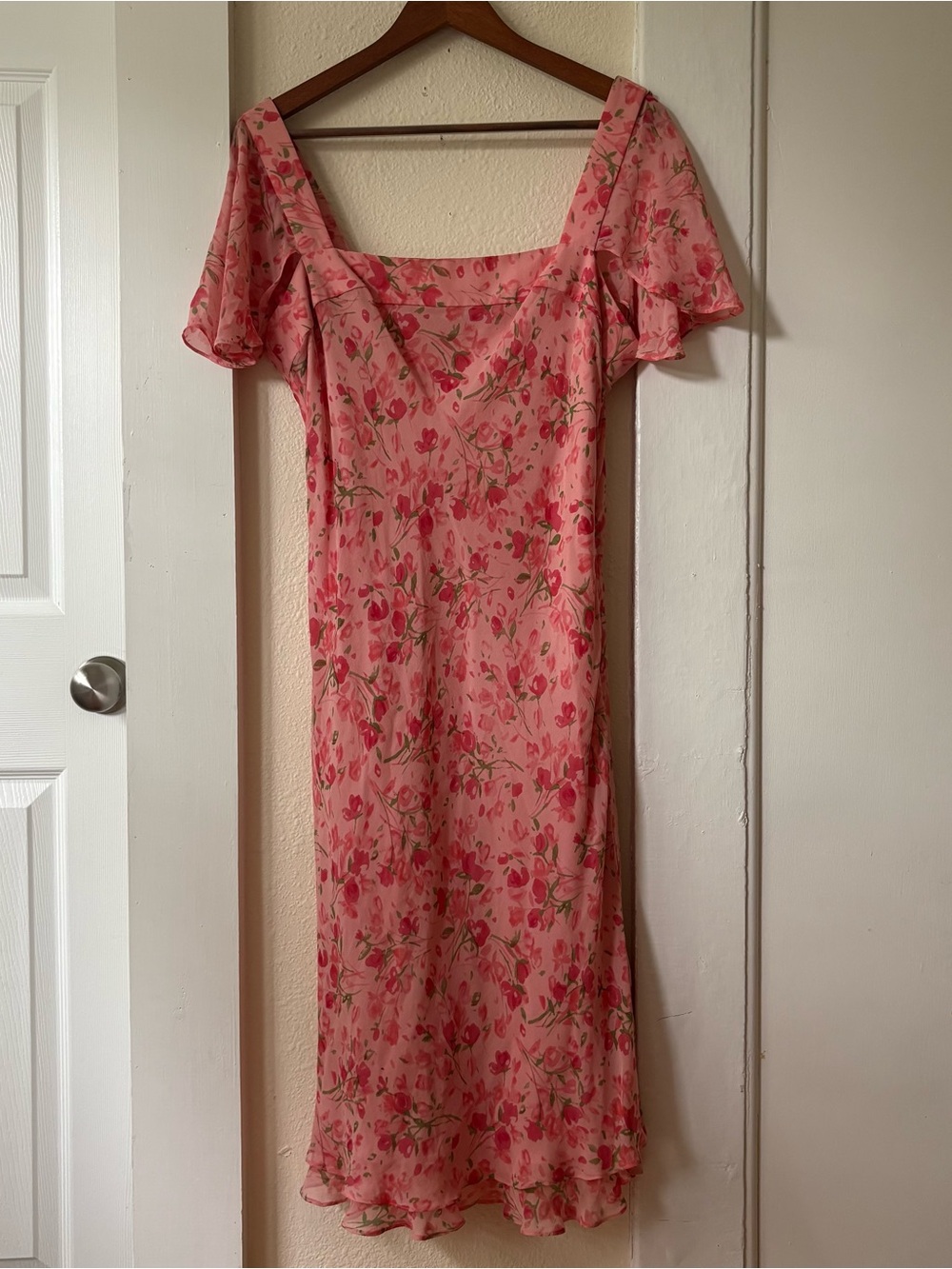 100% Silk Pink Floral Square-Neck Midi Dress with Flutter Sleeves